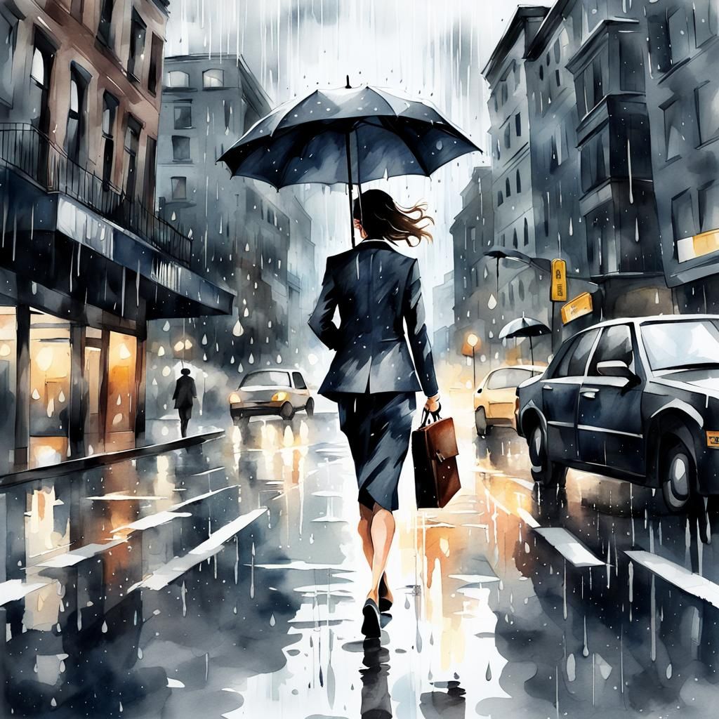 Rainy City Commute: Woman with Briefcase in Watercolor