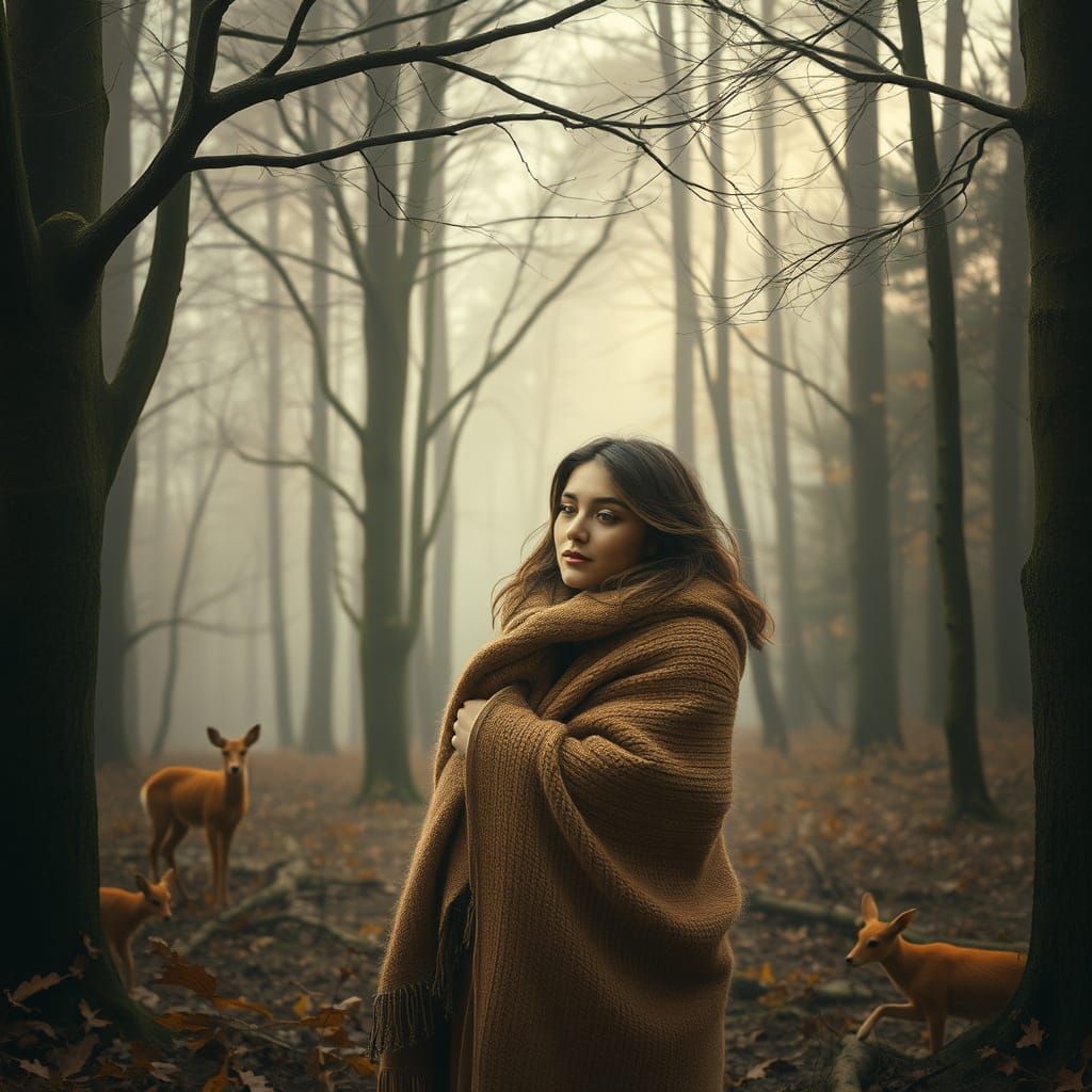 Woman in Forest, Naturalistic Wildlife Art