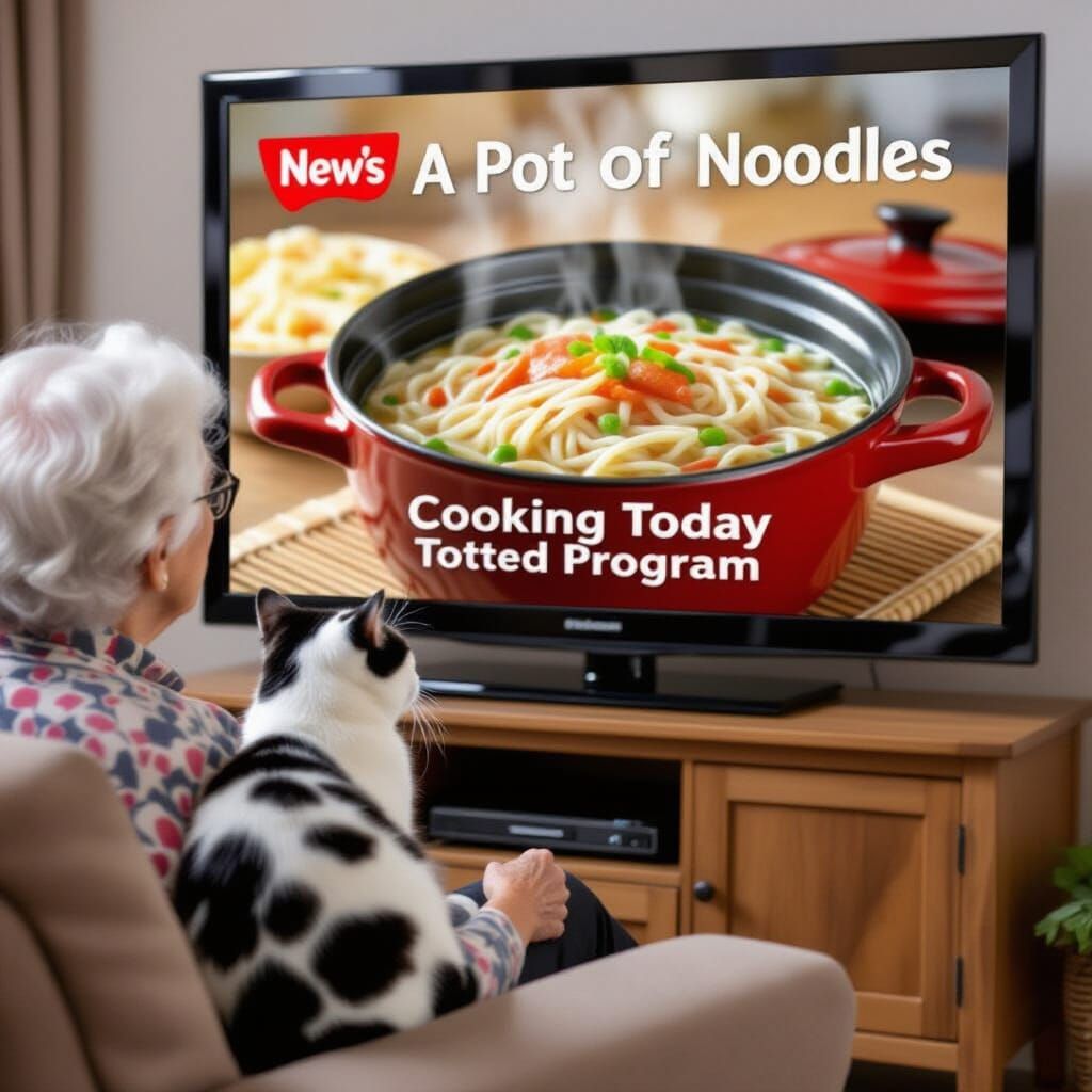 Old Lady and Cat Watching Noodles on TV
