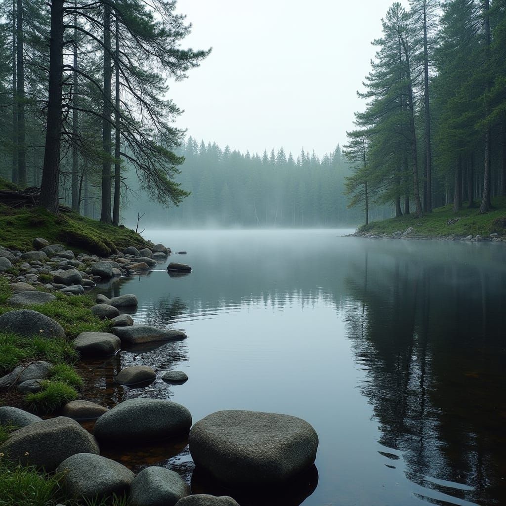 Serene Finnish Lake Scene in Watercolor Style