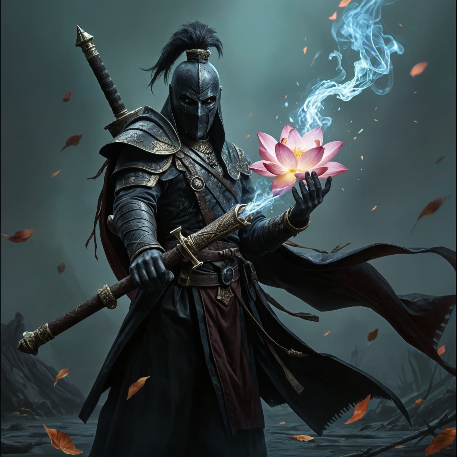 Noble Warrior with Magic Lotus Flower in Grimdark World