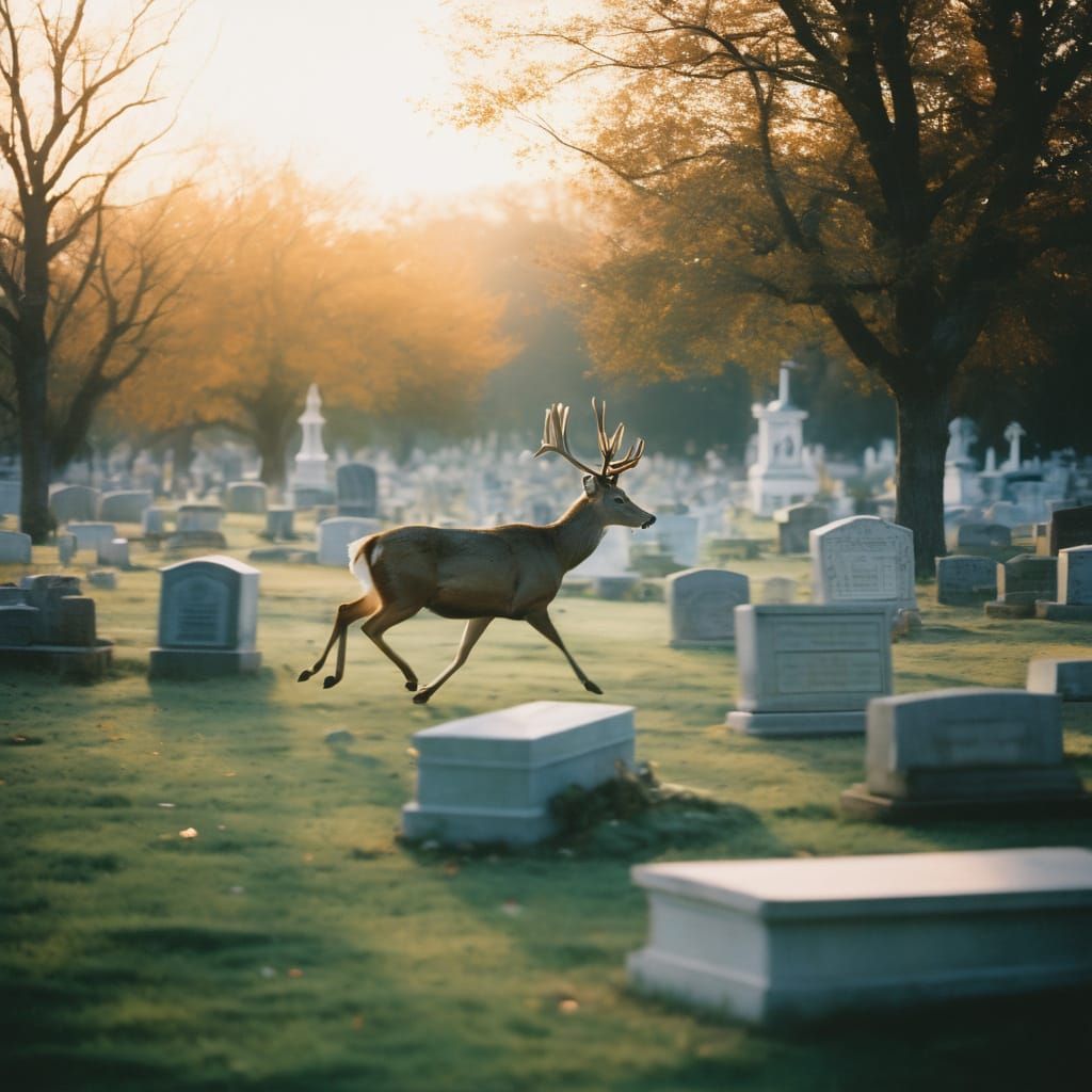 Deer Runs Through Cemetery at Golden Hour - Dreamy Photo