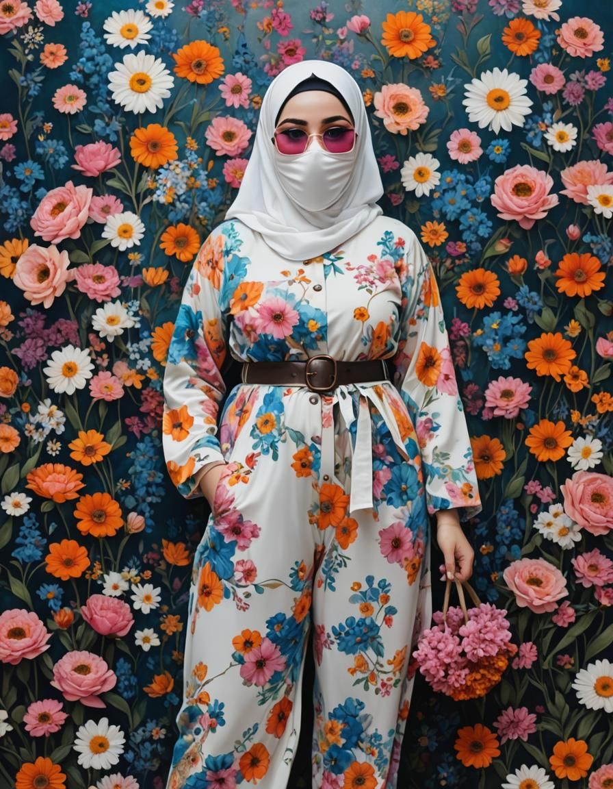 Psychedelic Hijabi Portrait with Facemask in Pop Art Style