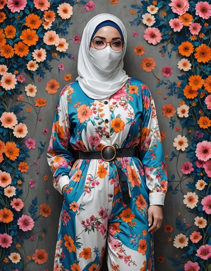 Psychedelic Portrait of Woman in Hijab with Flowers