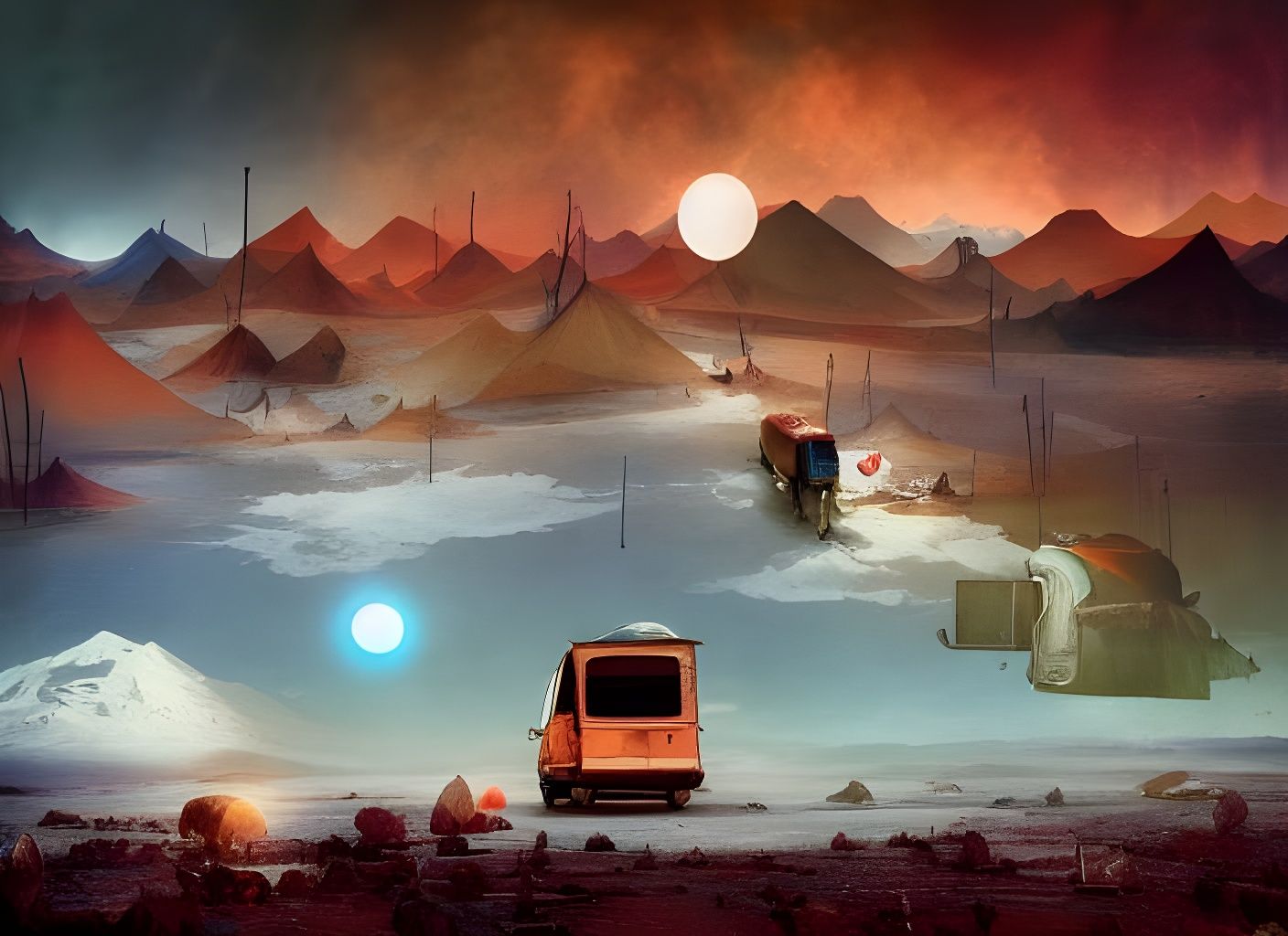 Caravan in Blue Desert Landscape, Paranormalpunk Style