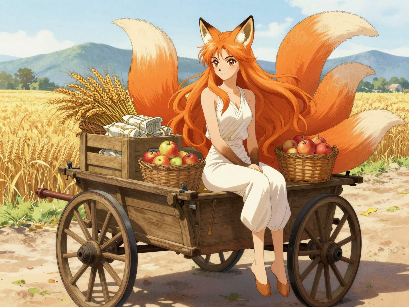 Manga Style Fox Woman in Wooden Carriage