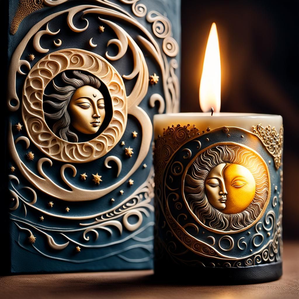 Mystical Candle with Sun and Moon Symbols
