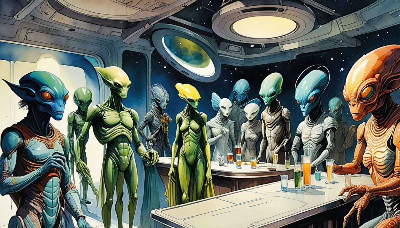 Interplanetary Bar Scene in Watercolor Style