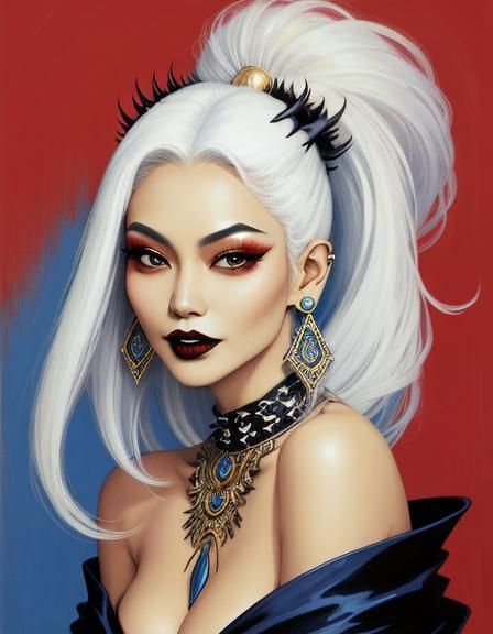 Vampire Pinup with White Hair in Bohemian Style