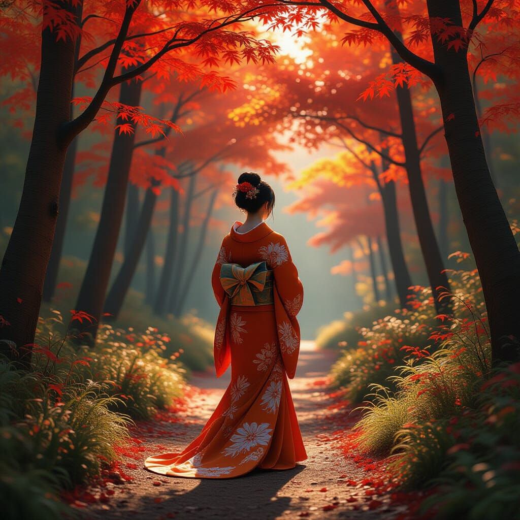 Japanese Woman in Autumn Forest Splash Screen Art