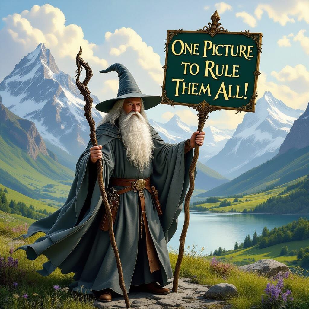Gandalf Holds a Mystical Sign in Fantasy Landscape
