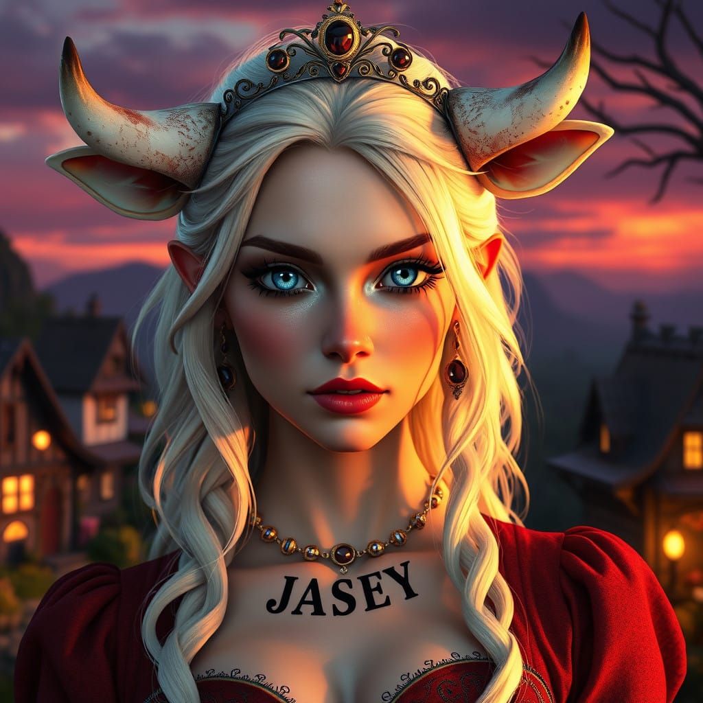 Regal Fantasy Queen with Whimsical Village Backdrop