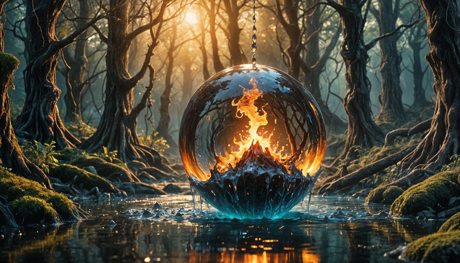 Fiery Ball Dripping Water: Detailed Matte Painting