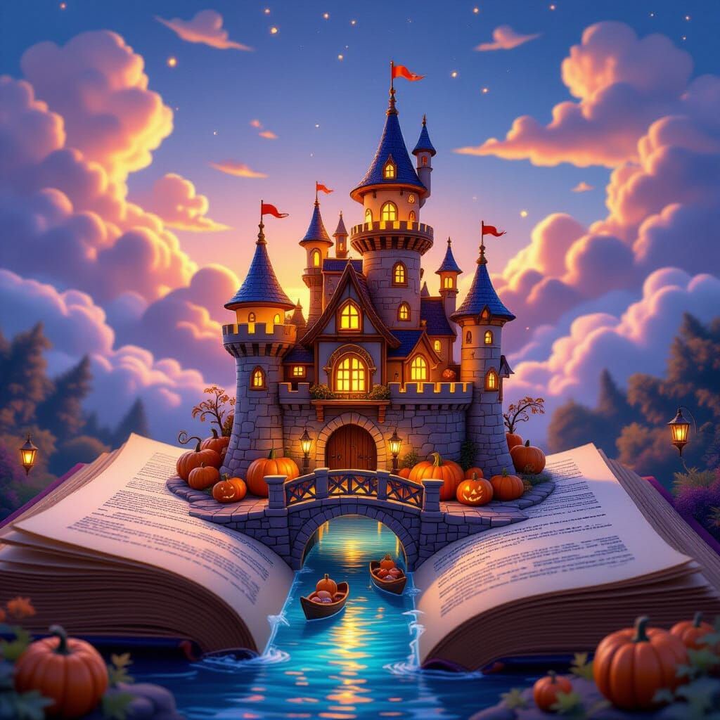 Magical Pumpkin Fortress Emerging From Ancient Book