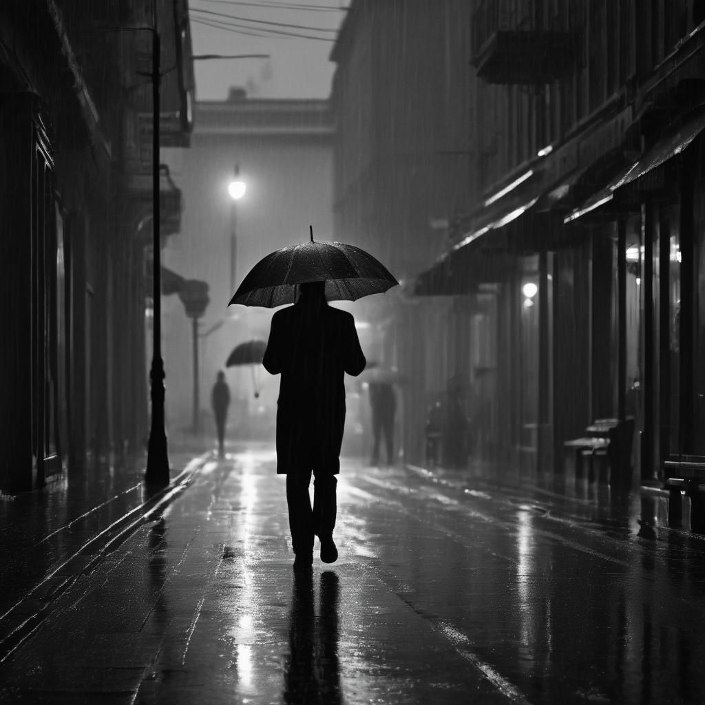 Noir Silhouette in Rainy Dusk: Black and White Photography