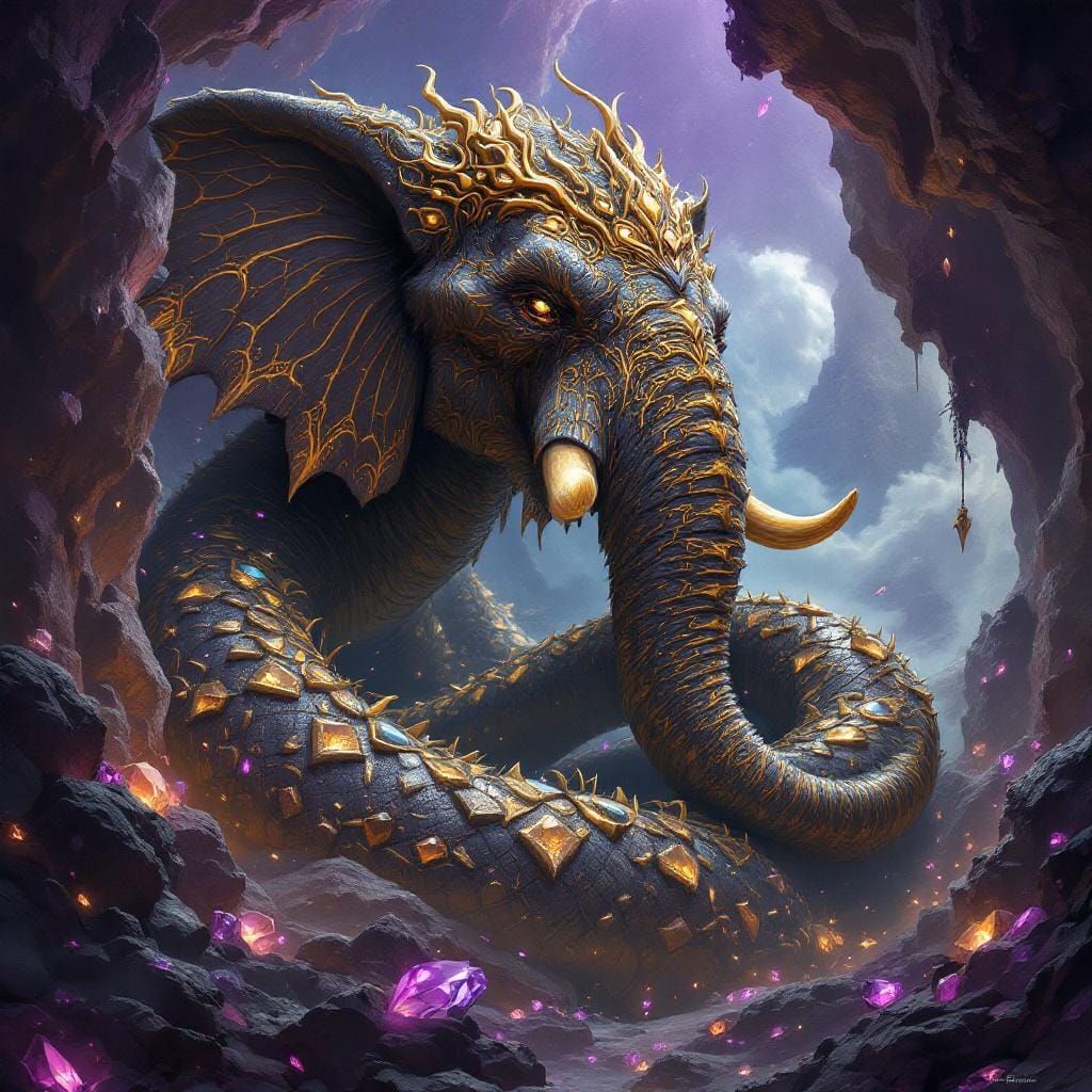 Grootslang: Elephant-Serpent Hybrid in Gem Cave