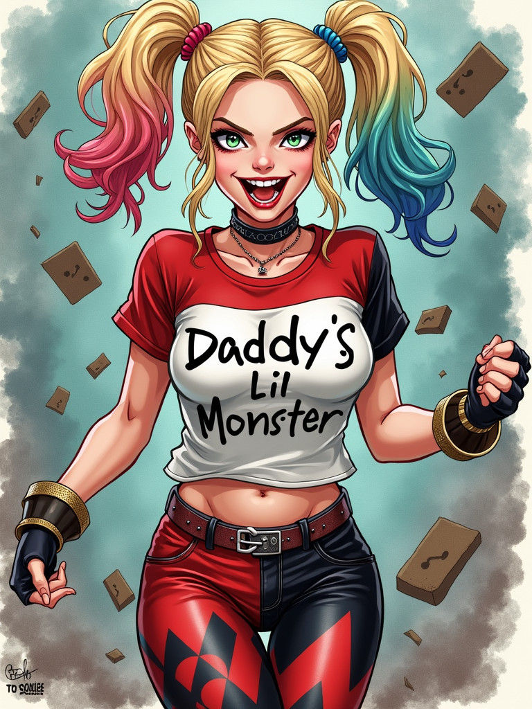 Harley Quinn's Chaotic Skip: Comic Book Watercolor