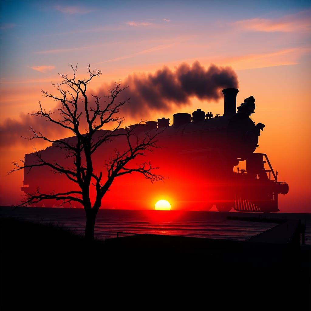 Majestic Steam Locomotive Silhouette in Sunset Scene