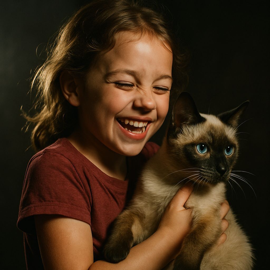 Happy Girl Holds Siamese Kitty in Cinematic Photo