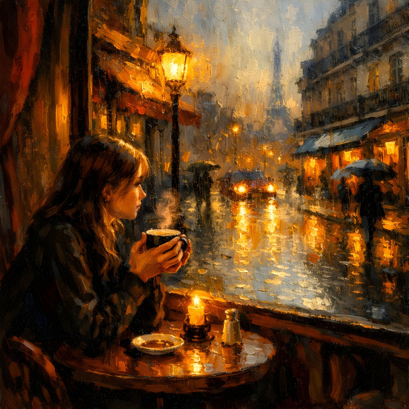 Rainy Paris Café at Golden Hour Oil Painting