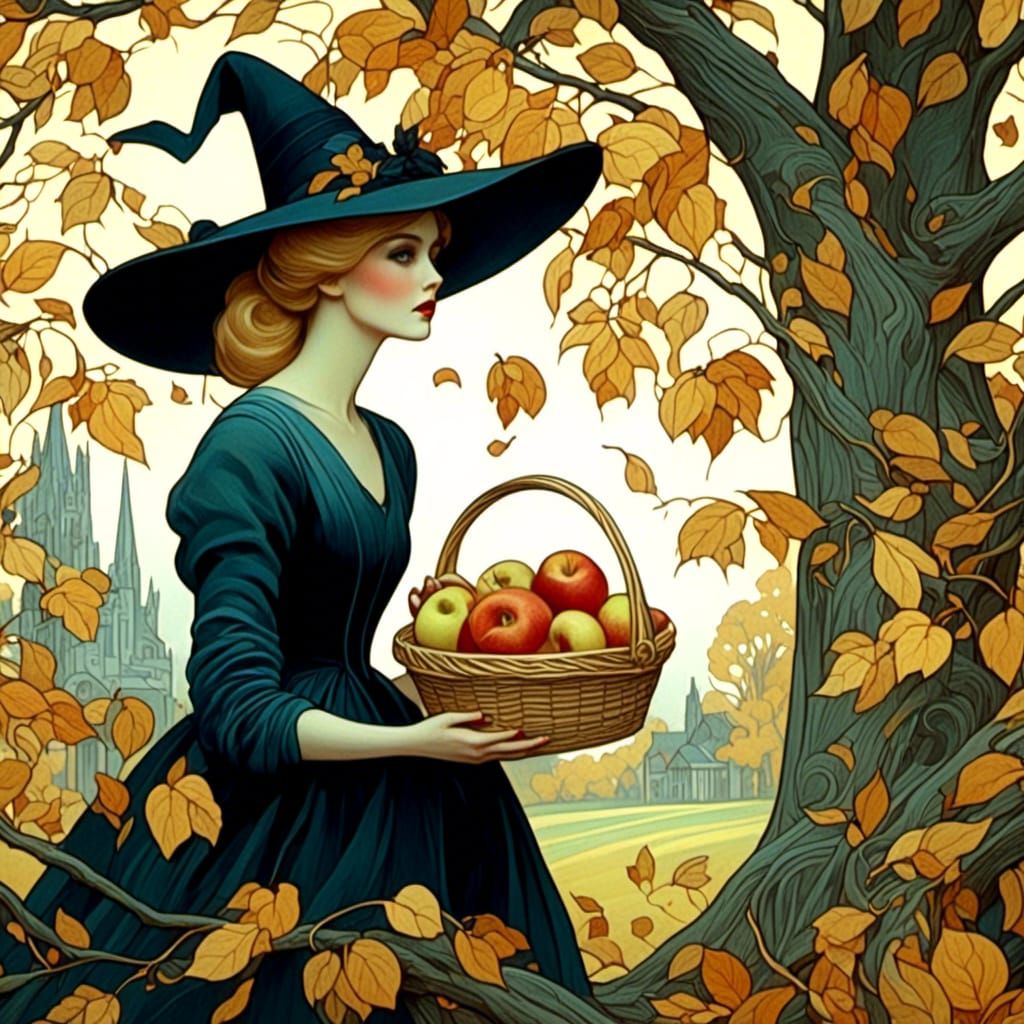 Woman with Apples in Art Deco Nouveau Style