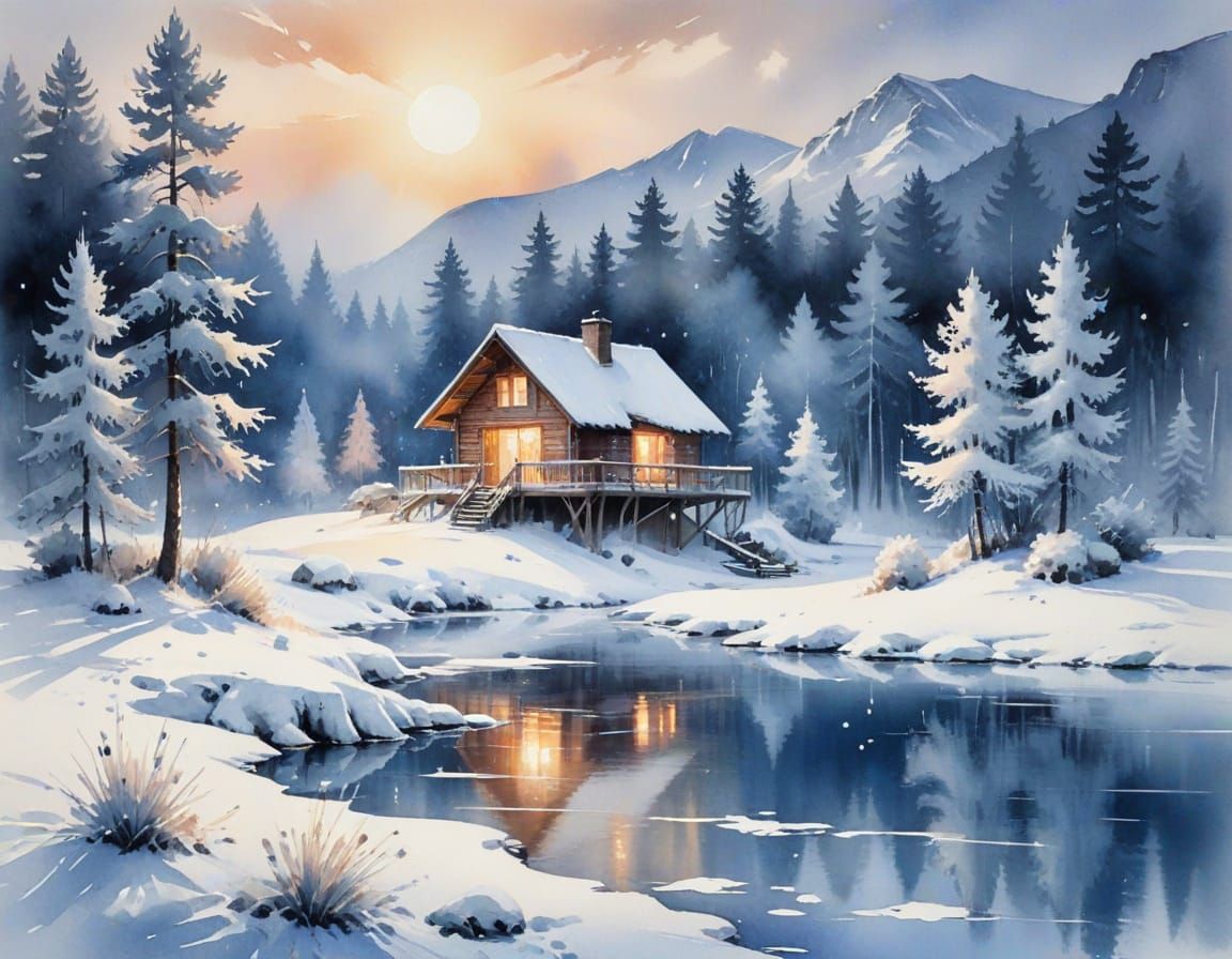 Winter Landscape with Frozen Lake in Watercolour Style