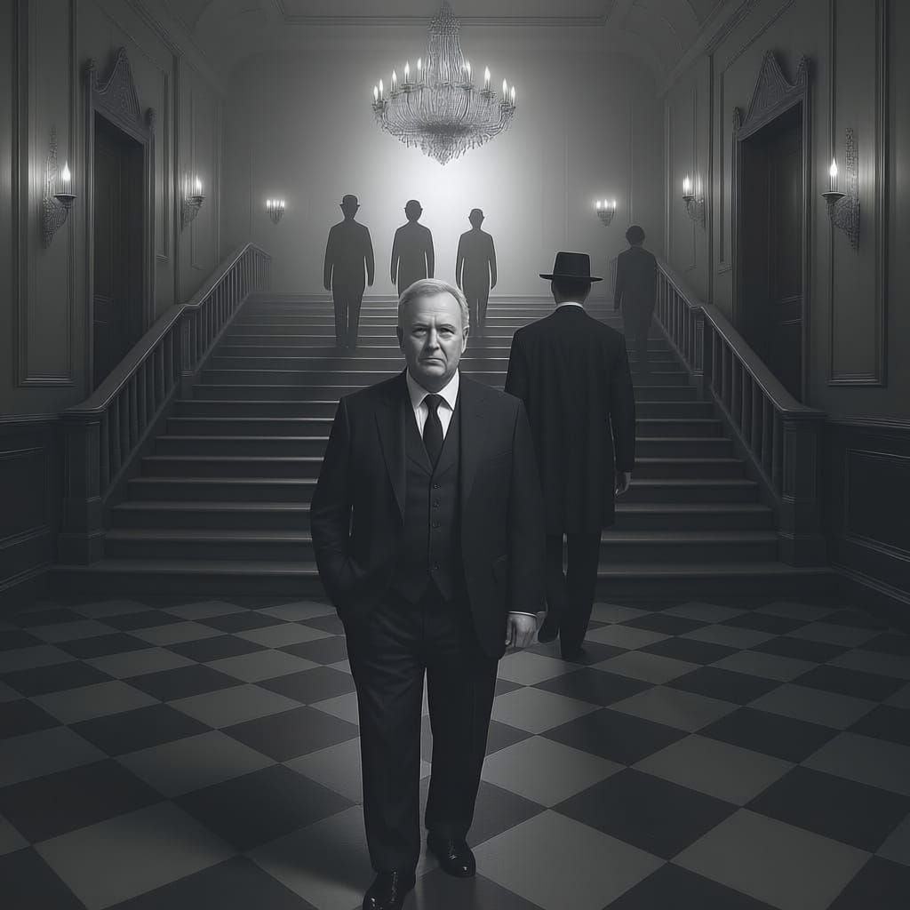 Portly Man Descends Grand Hotel Staircase in 1930s Noir Styl...