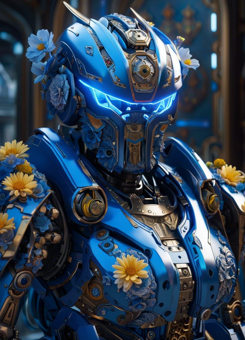 Detailed Mecha Robot Portrait with Flowers