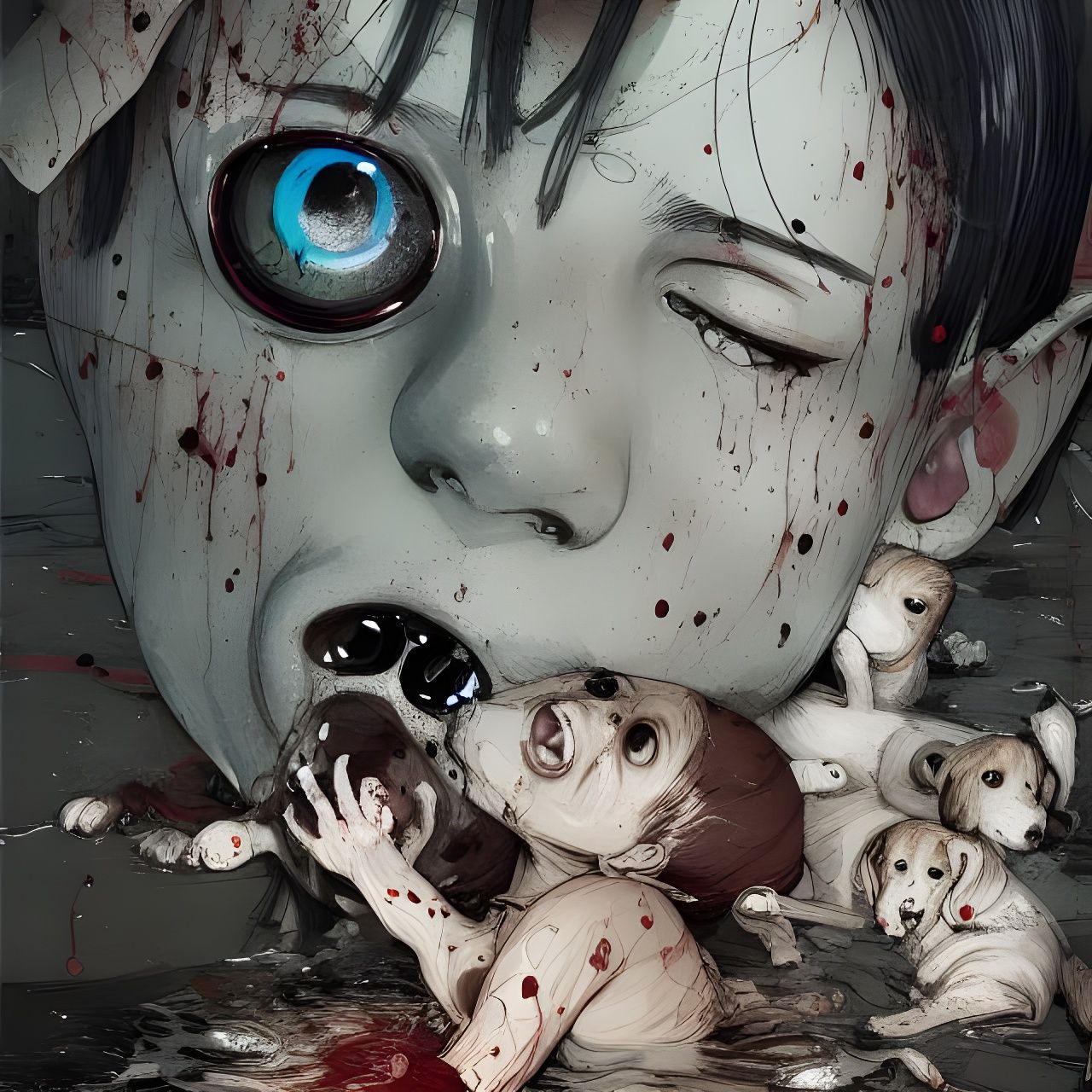 Terrifying Puppy Overload in Horror Art Style