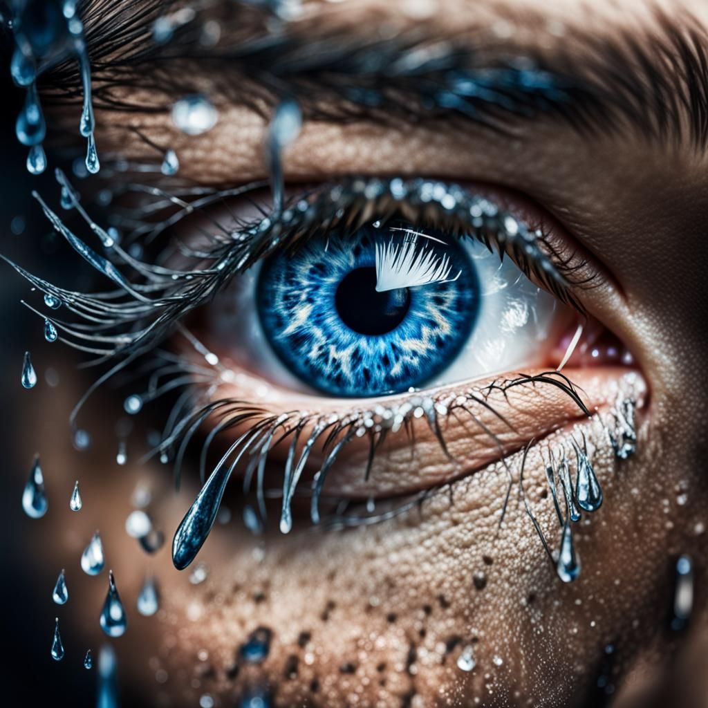 Crying Blue Eye: Hyperrealistic Close-Up in HDR