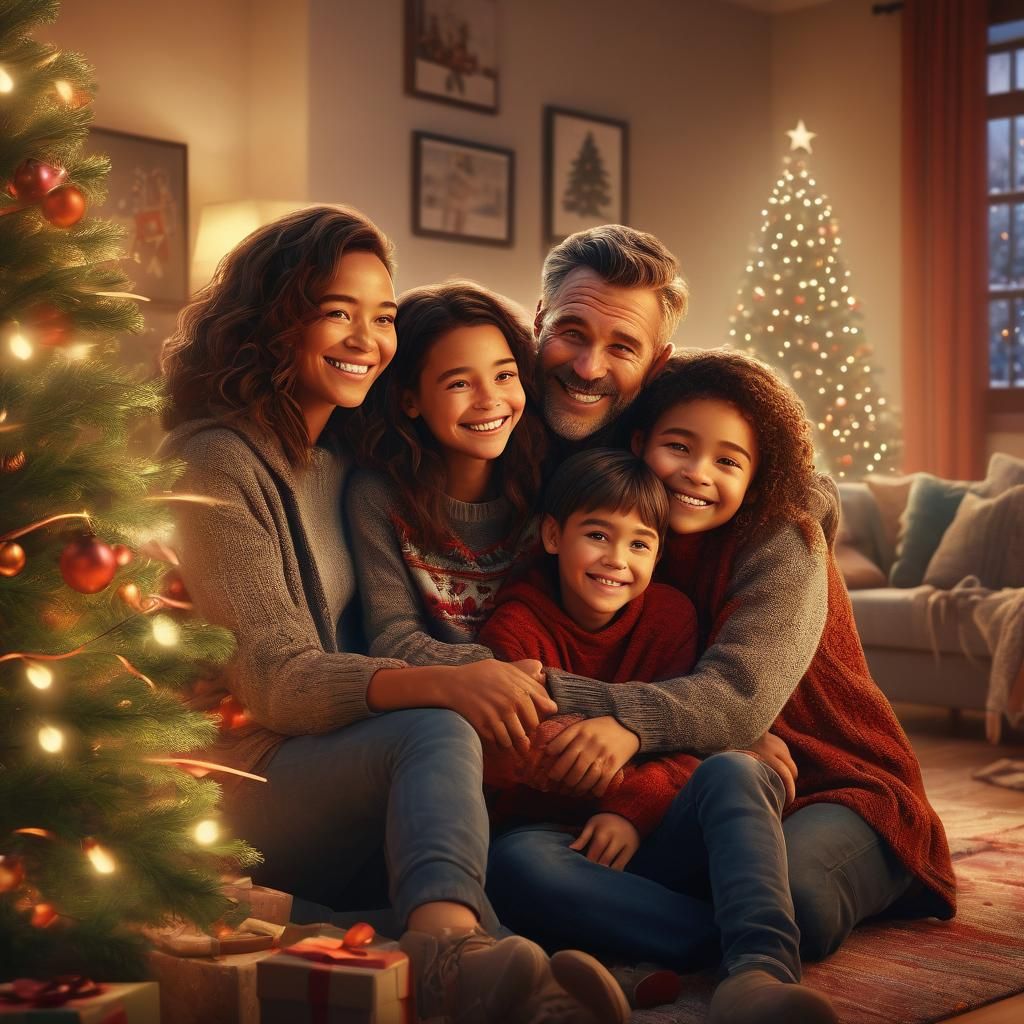 Happy Family Gathered Around Vibrant Christmas Tree