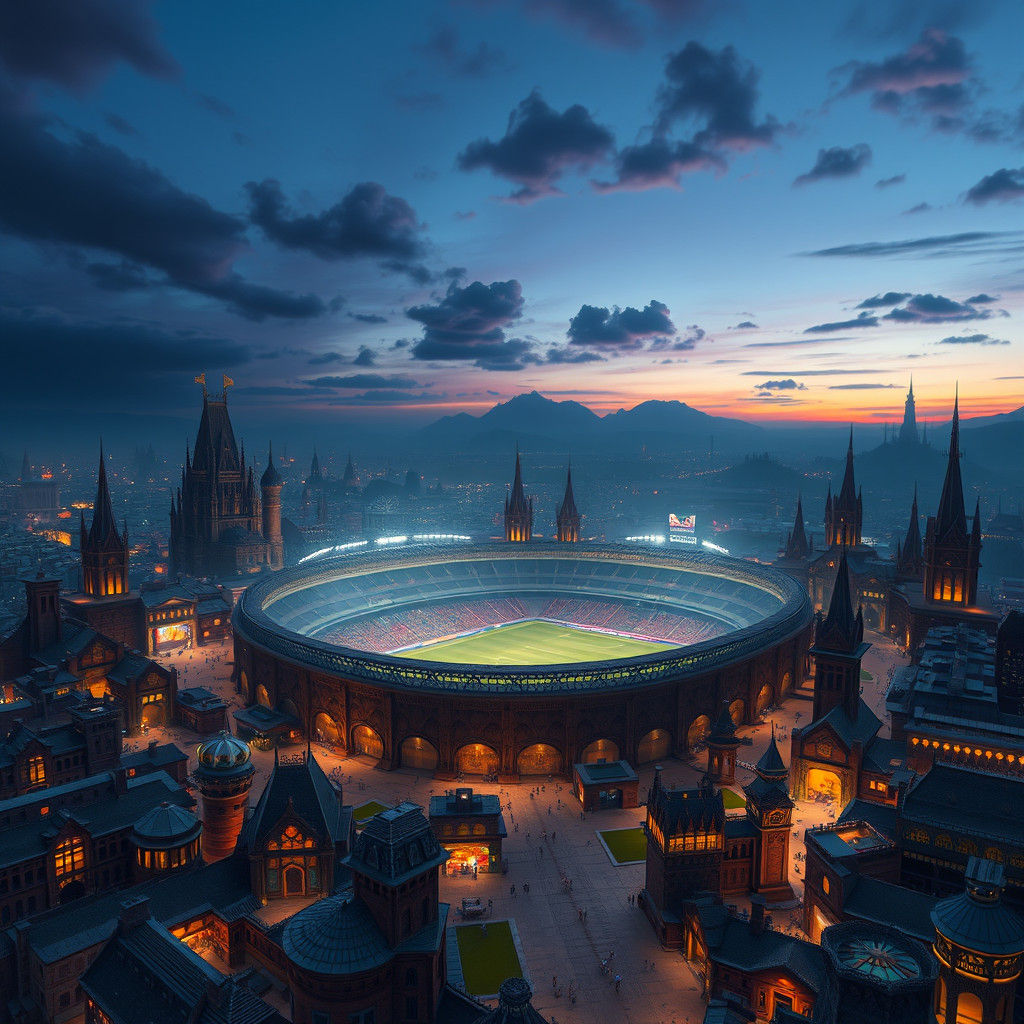Mystical Soccer Stadium in a Fantasy Cityscape