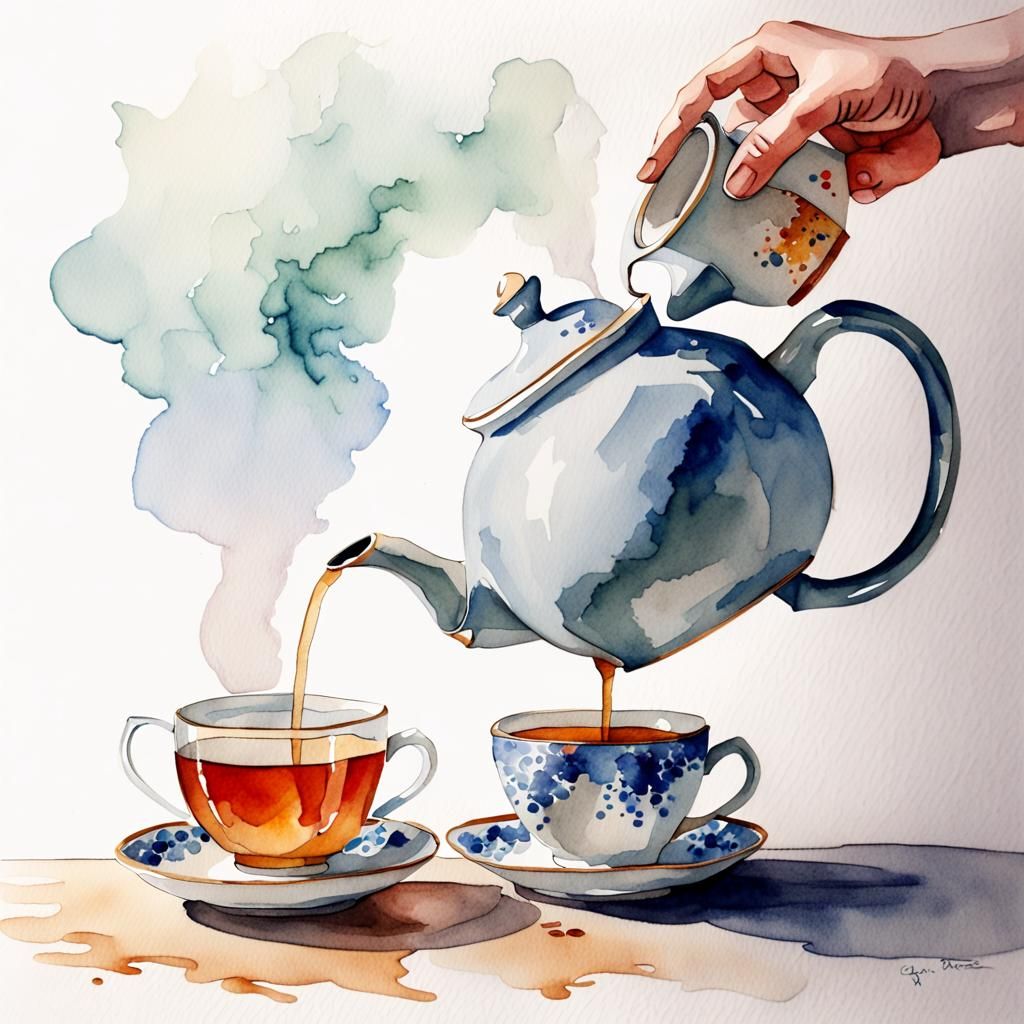 Teapot Pouring Tea: Simple Watercolour Painting