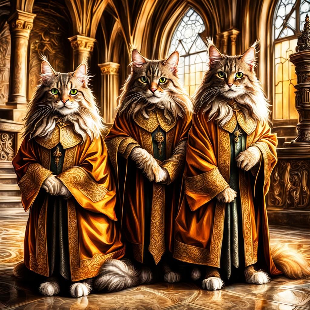Maine Coon Cats in Wizard Robes in Castle