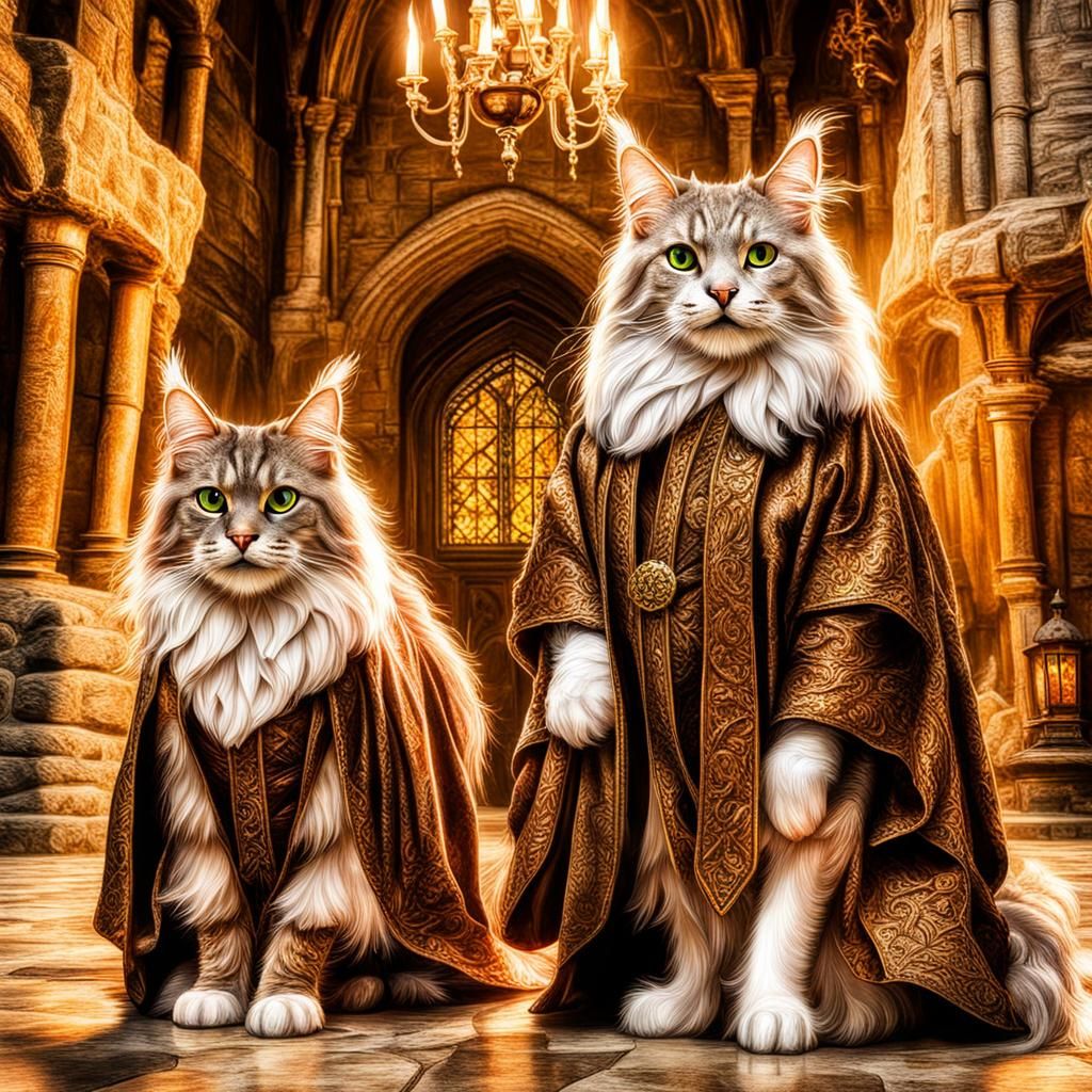 Maine Coon Wizards in a Detailed Castle Scene