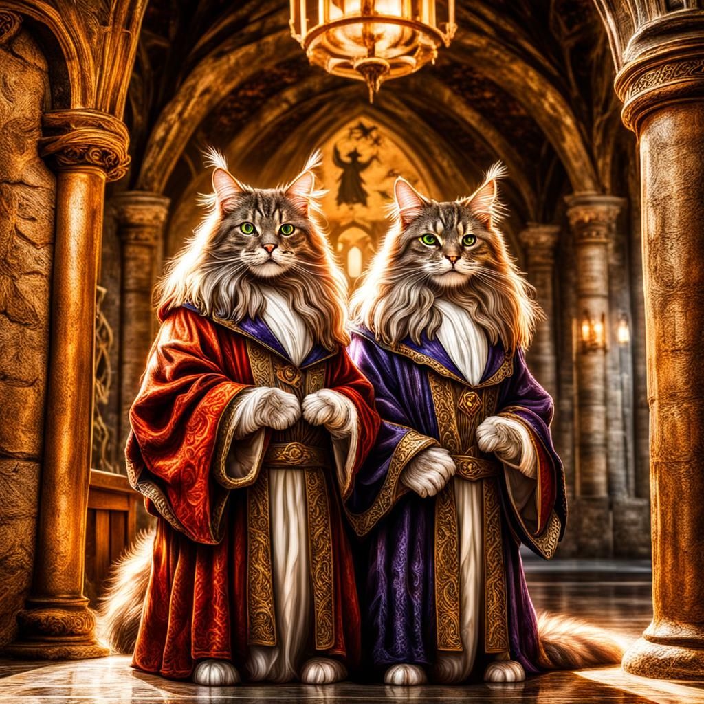 Maine Coon Wizards in a Detailed Castle