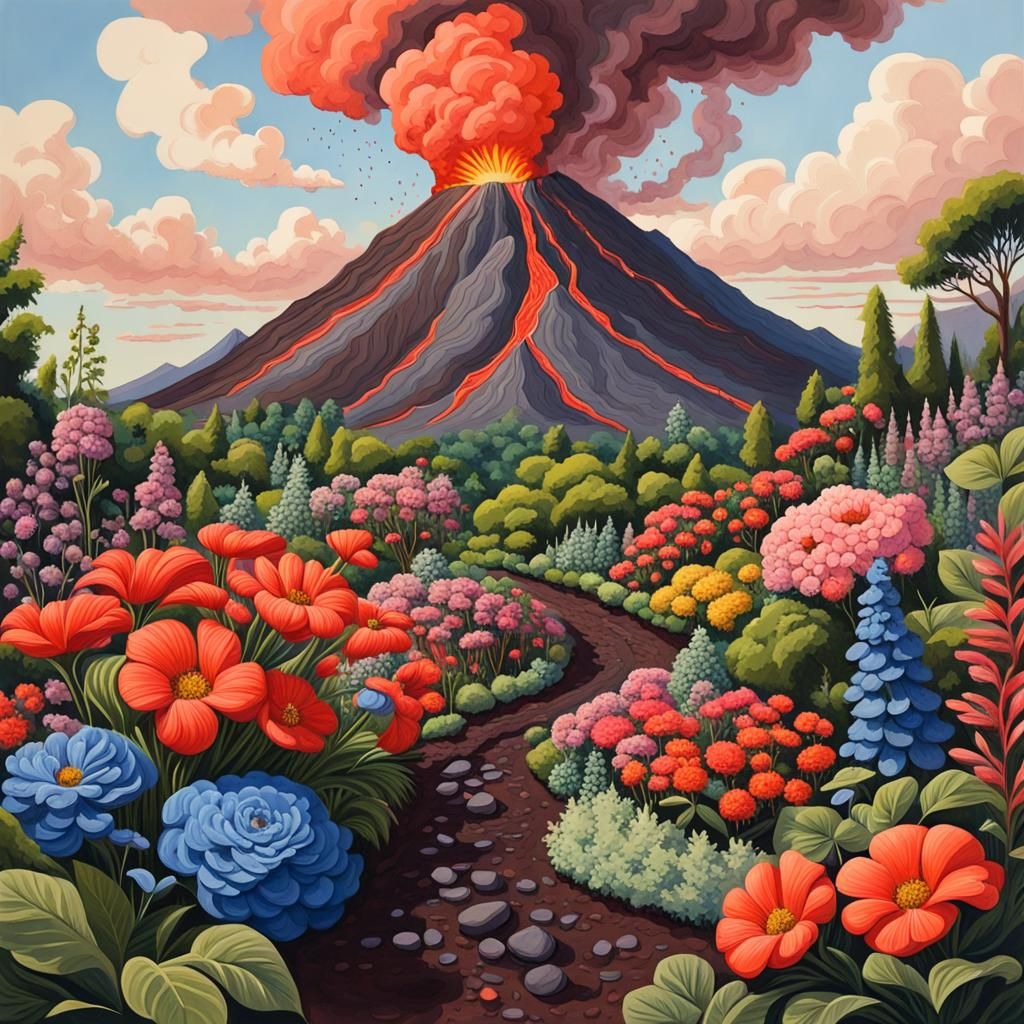 Detailed Gouache Painting of a Flower Volcano