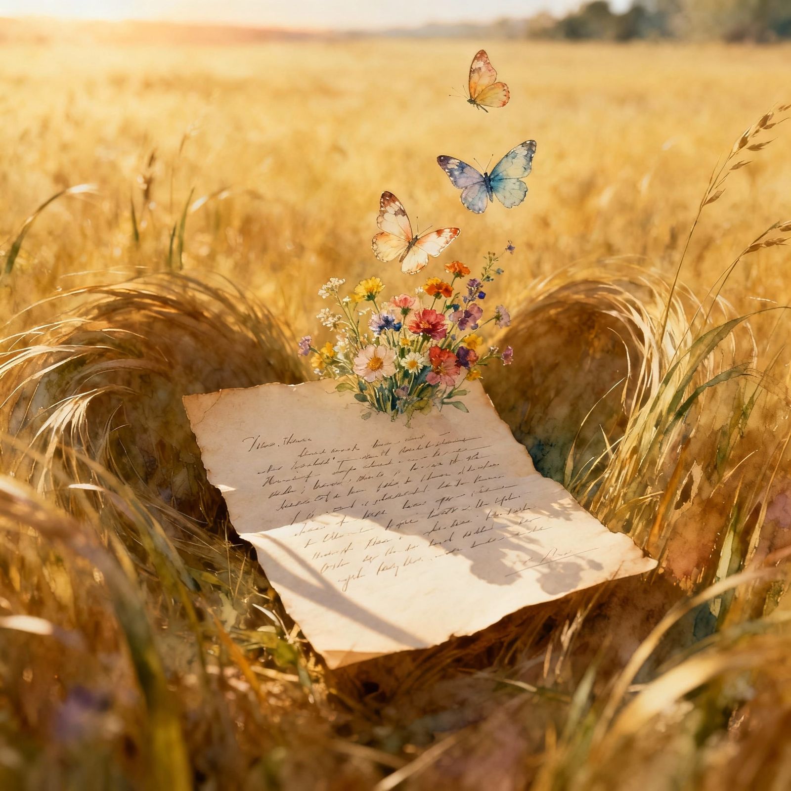 Surreal Golden Meadow Letter with Watercolor Butterflies