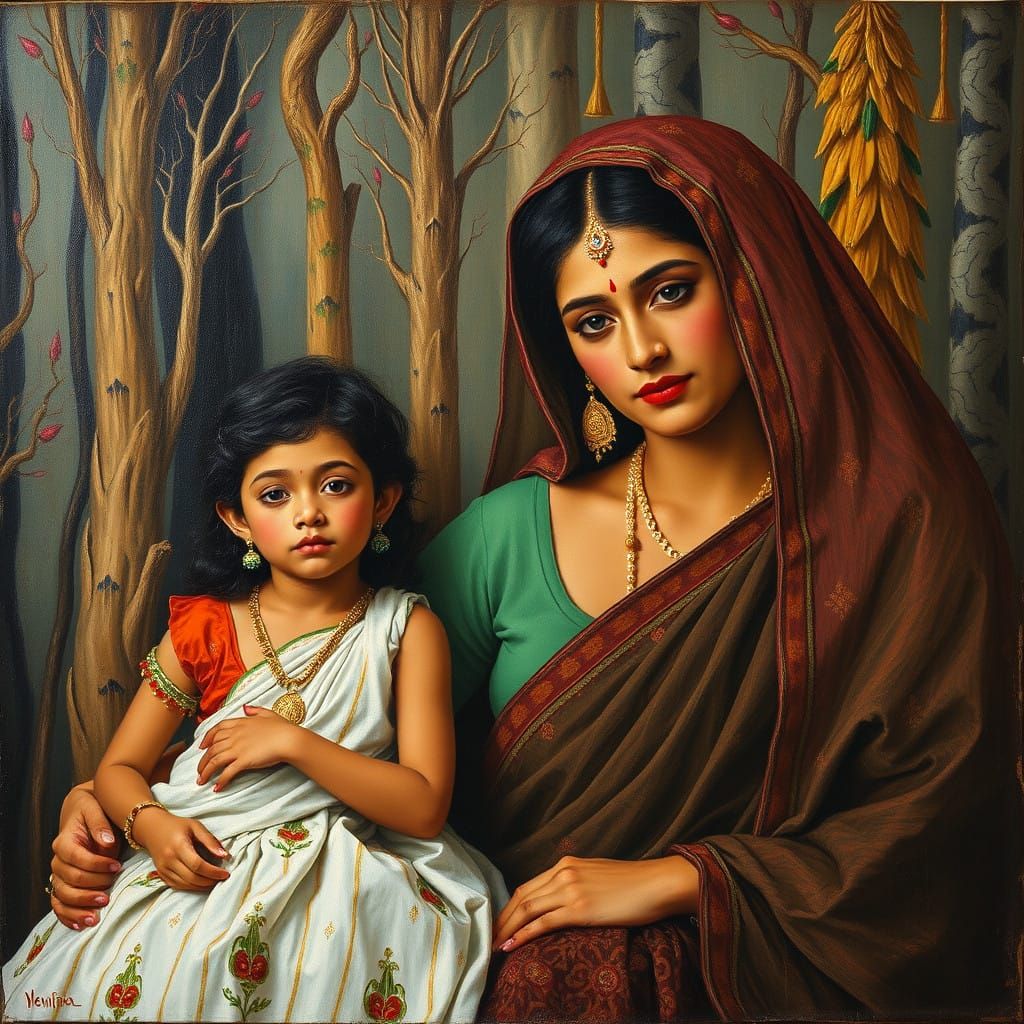 Mother and Daughter in a Foggy Madhubani Landscape