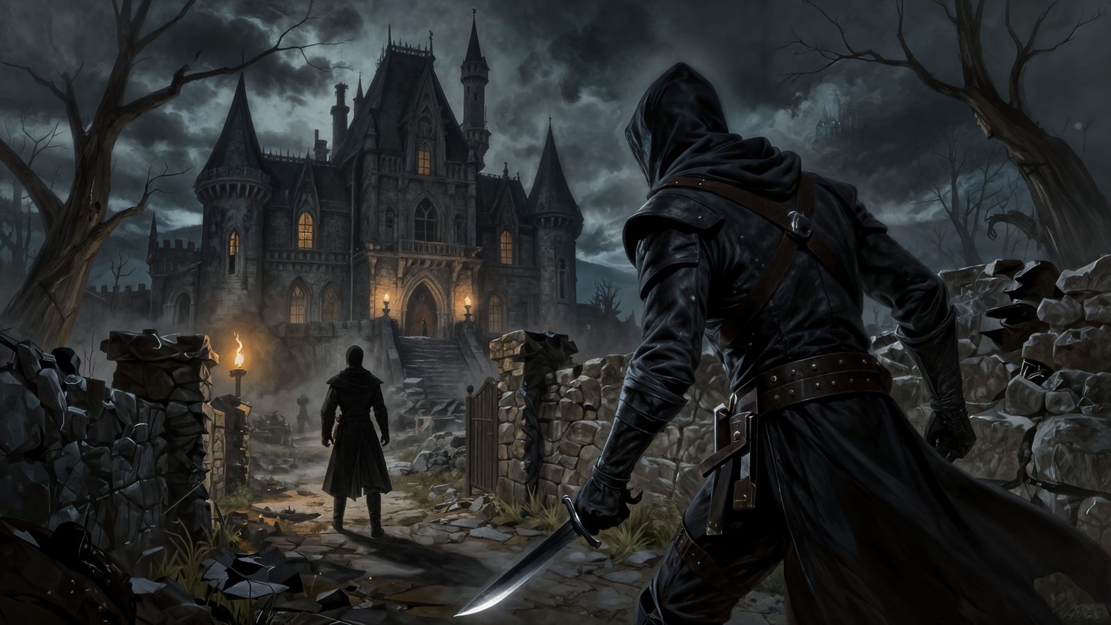 Thief Sneaking Attack in Dark Fantasy Mansion