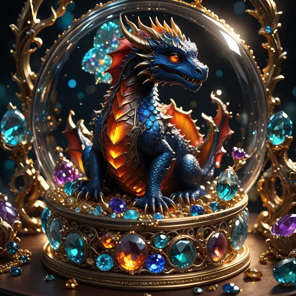 Miniature Dragon with Glowing Jewels, Digital Art