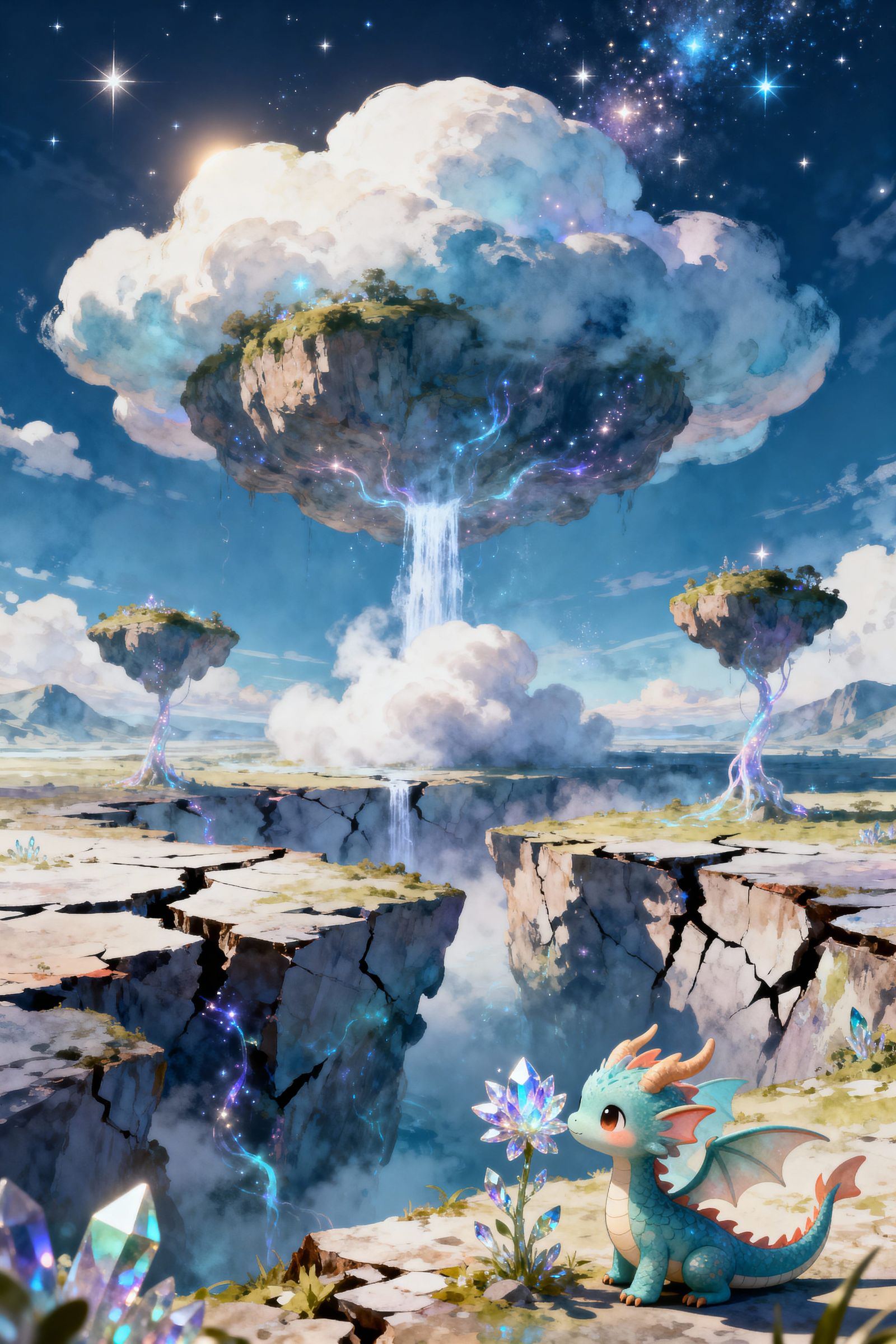 Ethereal Sky Islands & Dragon in Watercolour Style