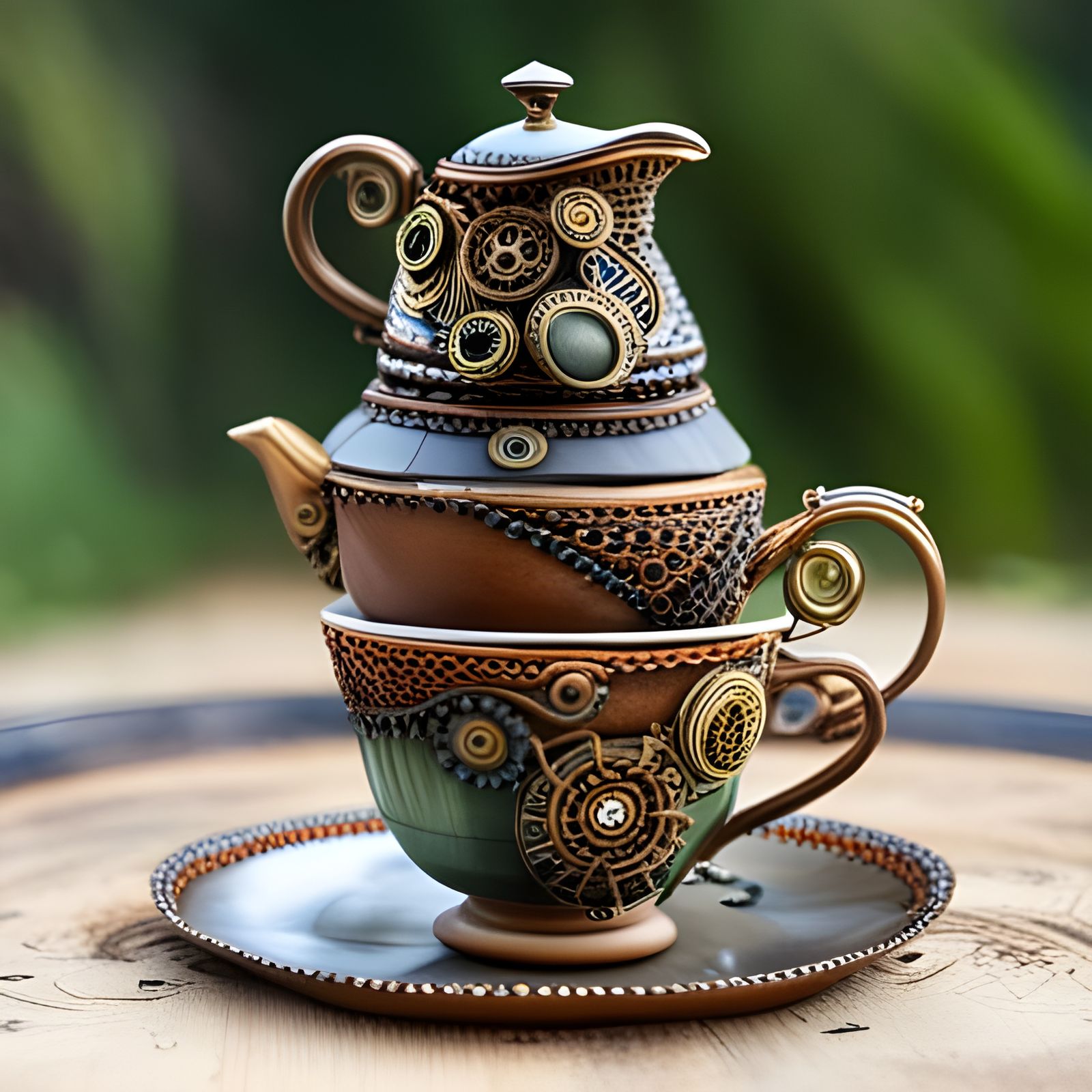 Steampunk Tea Set with Engine, Beaded Detail
