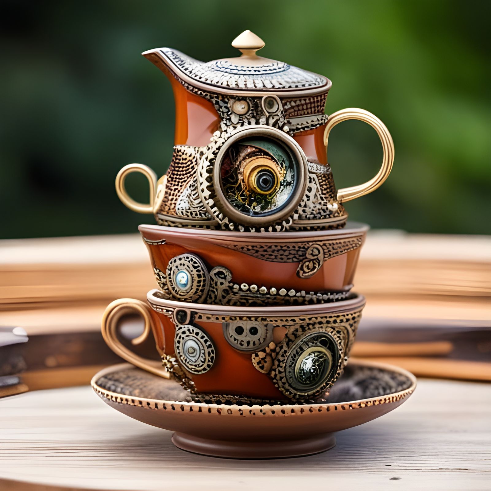 Steampunk Tea Set with Engine Details