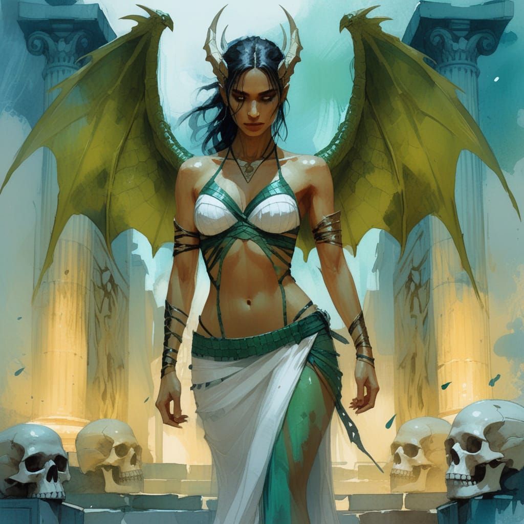 Dragon Woman in Greek Dress with Ancient Gate