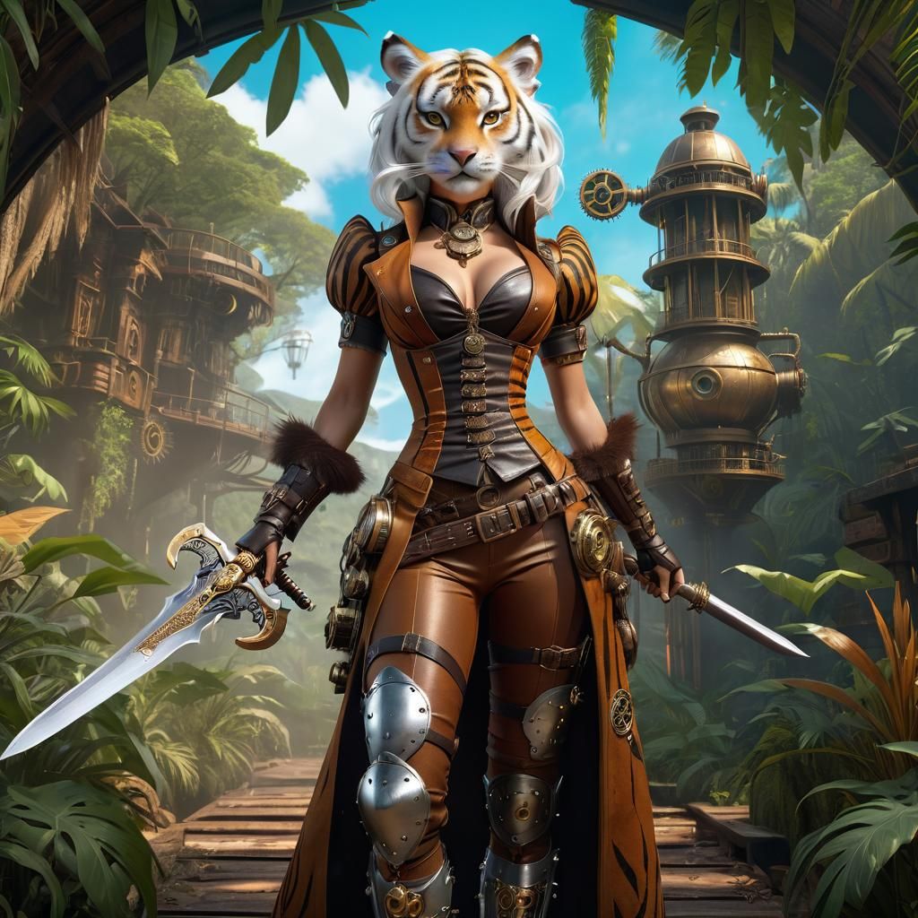 Steampunk Tiger Woman in Jungle Art
