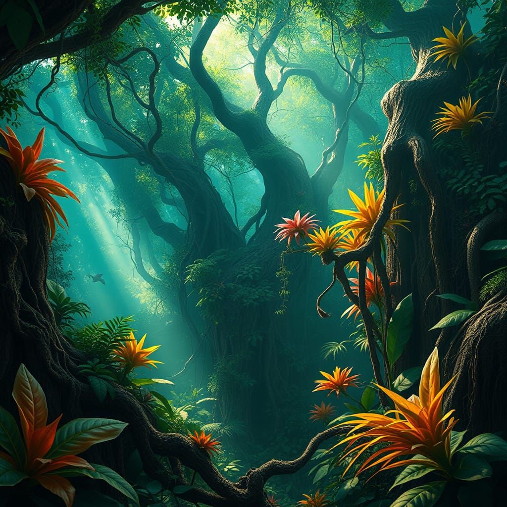 Vibrant Tropical Forest Teeming with Exotic Life