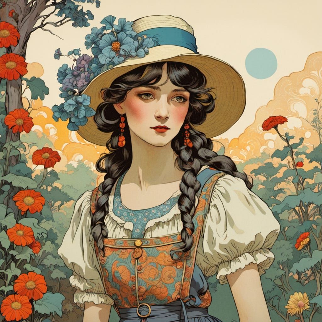 Country Wanderer in Vibrant Garden, Art Nouveau Style