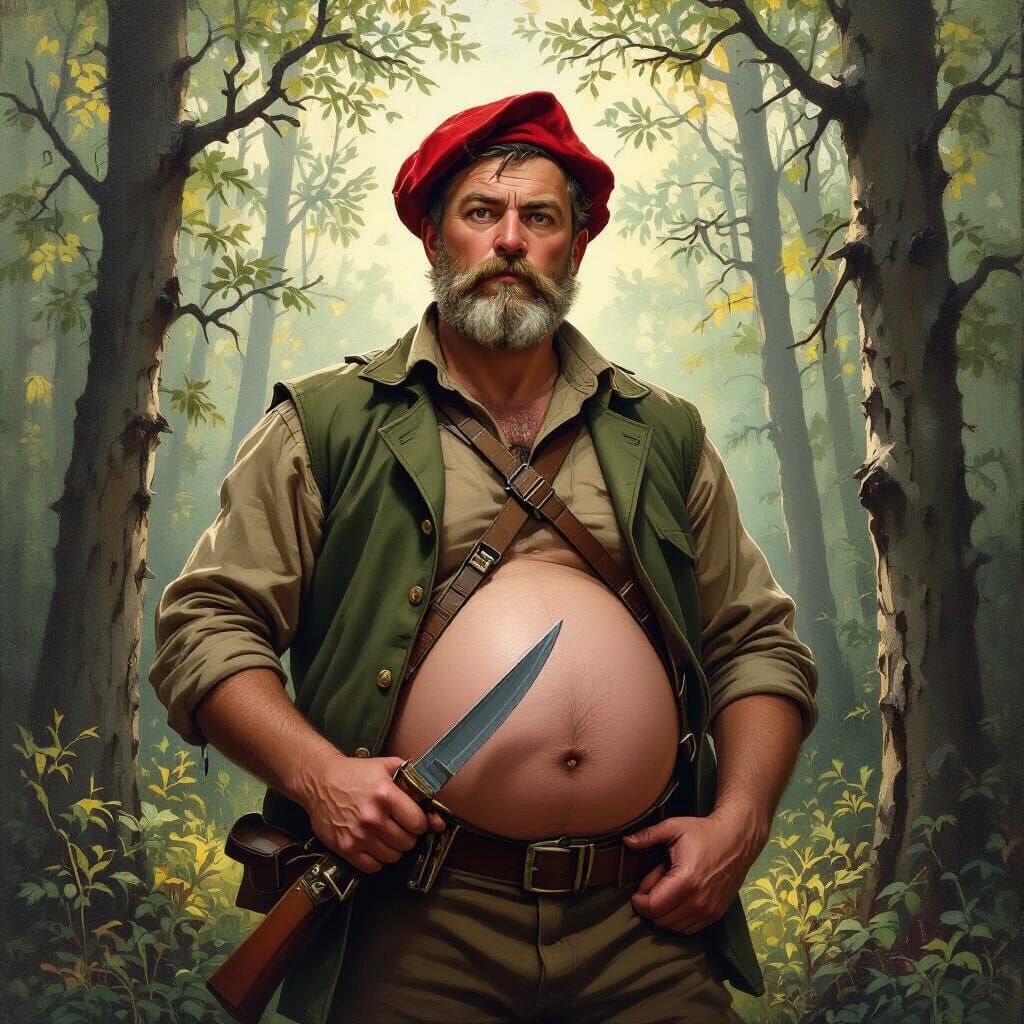 Hunter with Red Cap in Forest, Realistic Style