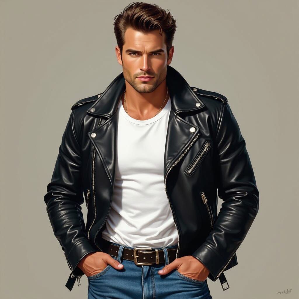 Charismatic Greaser in Leather Jacket, Inspired by Stylized ...